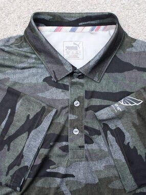 Puma Polo Shirt Mens Medium Volition Gray Forest Night Camo Short Sleeve Stretch